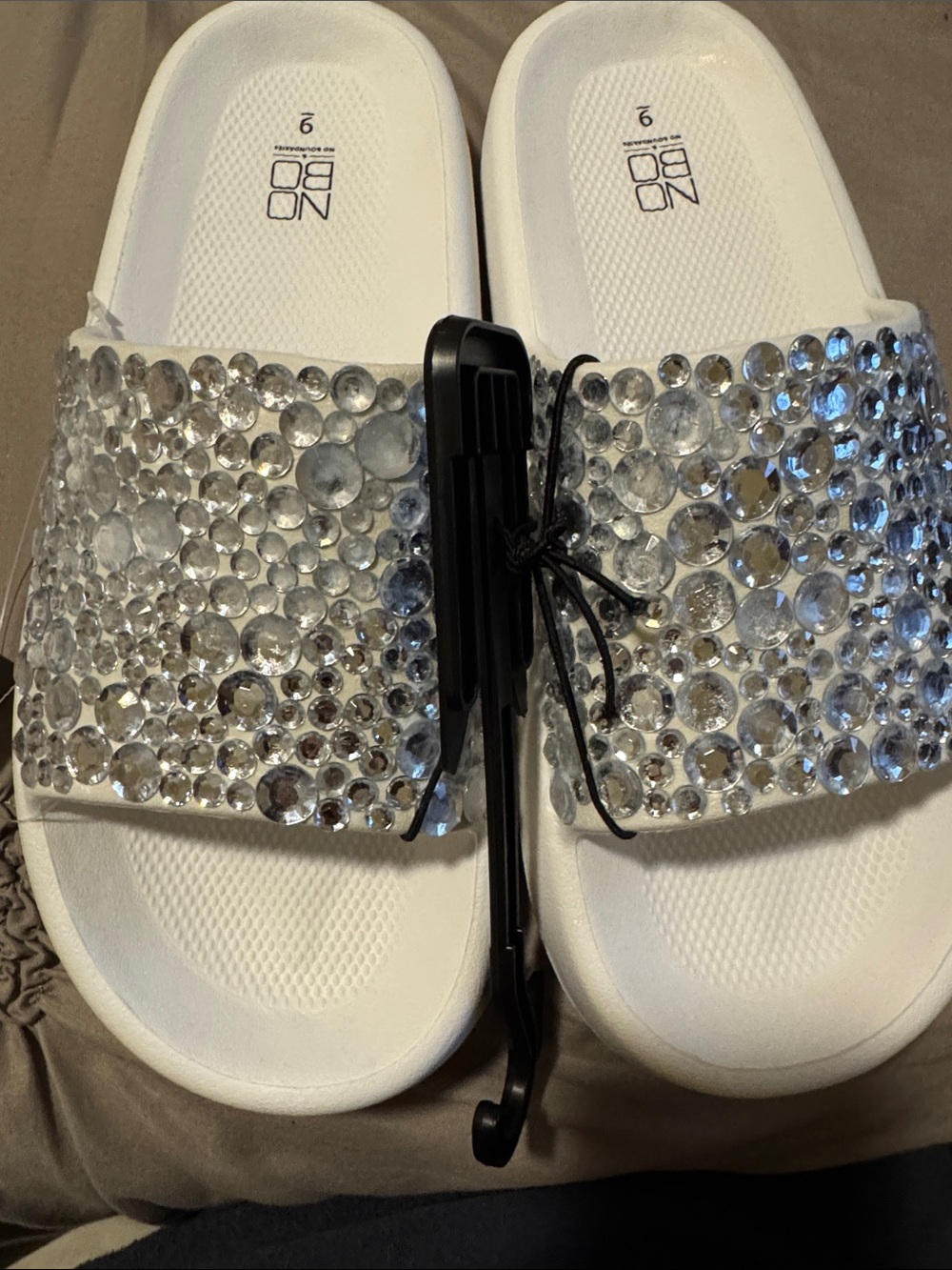 NOBO White Slide Sandals with Clear Rhinestones